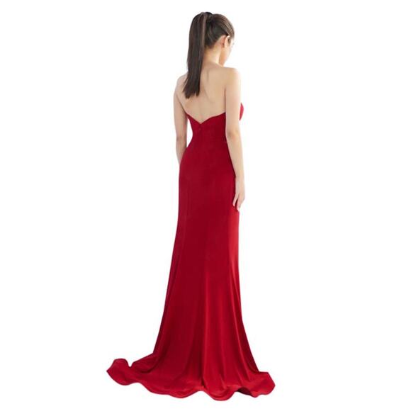 Mac Duggal Bustier Gown Women's 8 Red Strapless Sweetheart Maxi Pooled Train - Picture 2 of 13